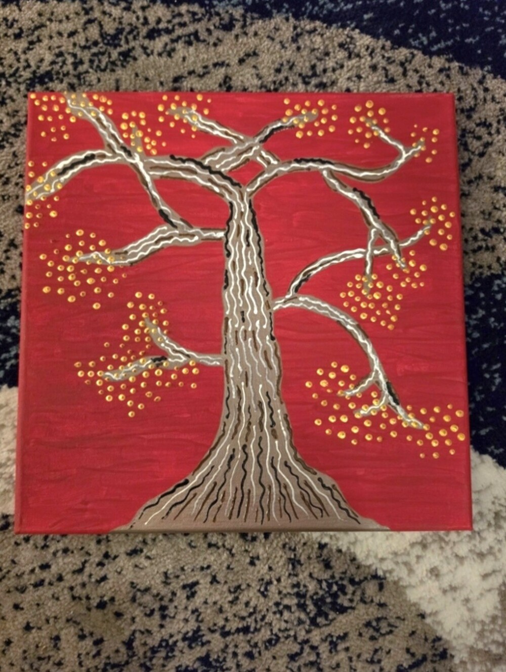 NWT Impasto Crimson Cherry Blossom Tree Acrylic Painting Red Gold Size 12" X 12"